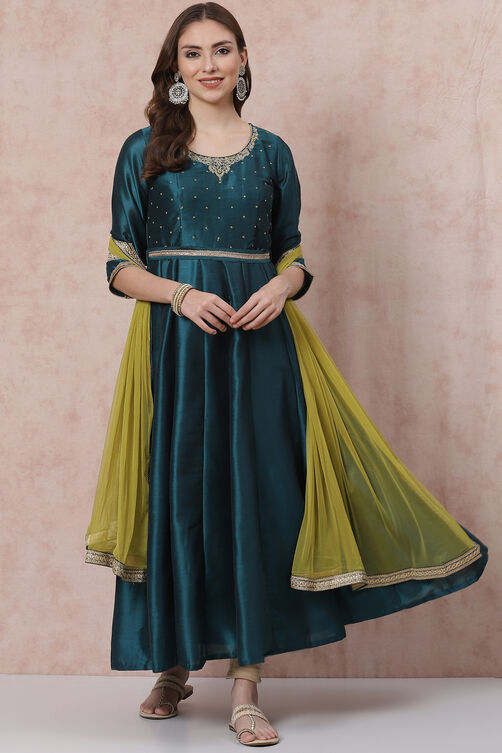 Teal Green Poly Cotton Kalidar Suit Set image number 5